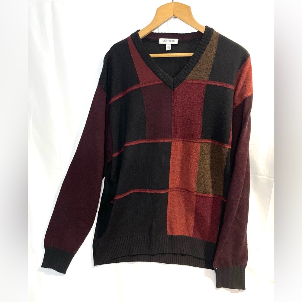 GIO FERRARI Mens Euro 56 XXL V-neck Sweater Merino Wool blend burgundy soft Y2K